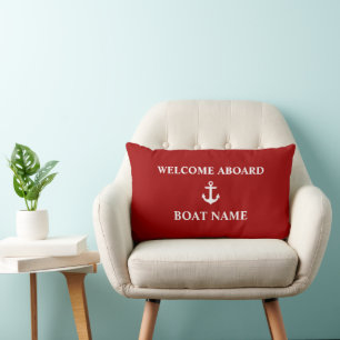 Nautical Red Welcome Aboard Boat Name Lumbar Cushion
