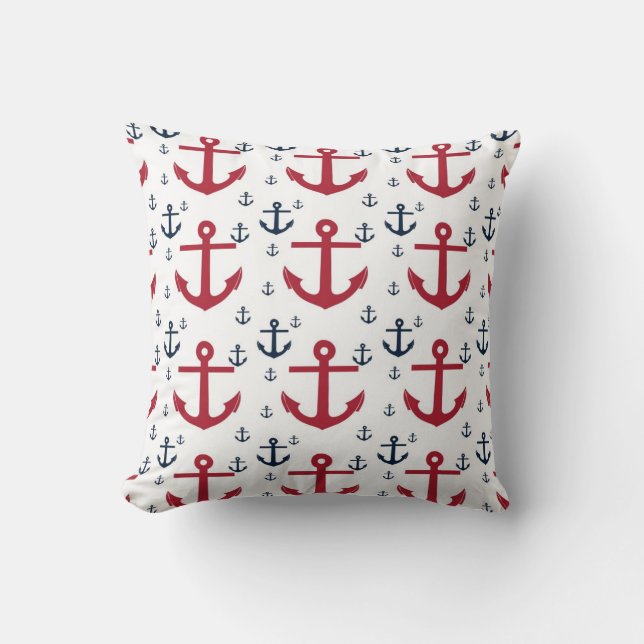 Nautical Red White and Blue Anchors Cushion (Front)