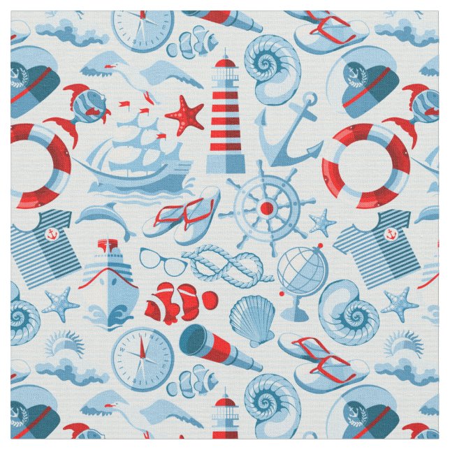 Nautical Red White And Blue Pattern Fabric (Close Up)