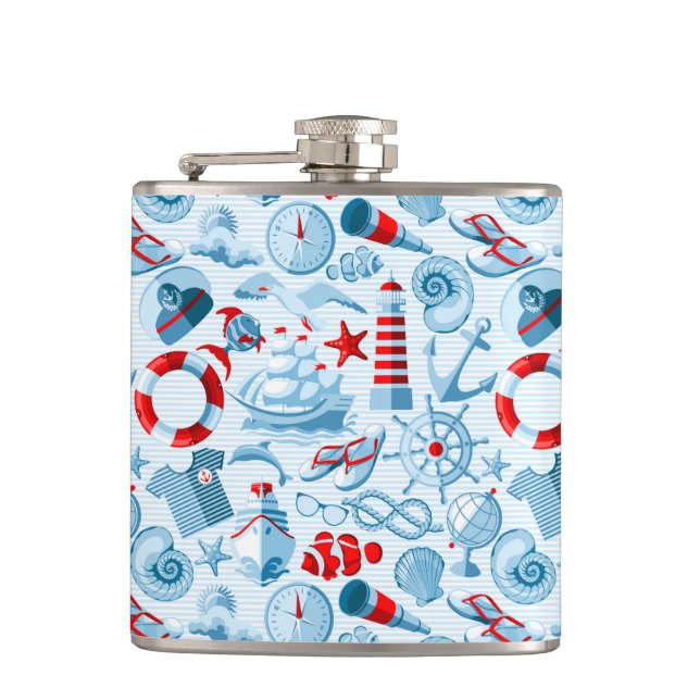 Nautical Red White And Blue Pattern Hip Flask (Front)