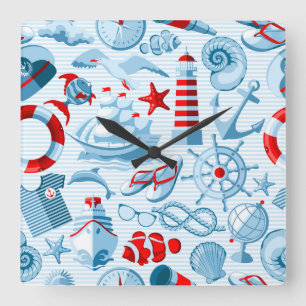 Nautical Red White And Blue Pattern Square Wall Clock