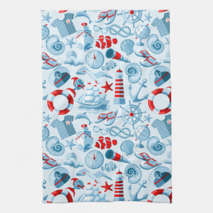 Nautical Red White And Blue Pattern Tea Towel