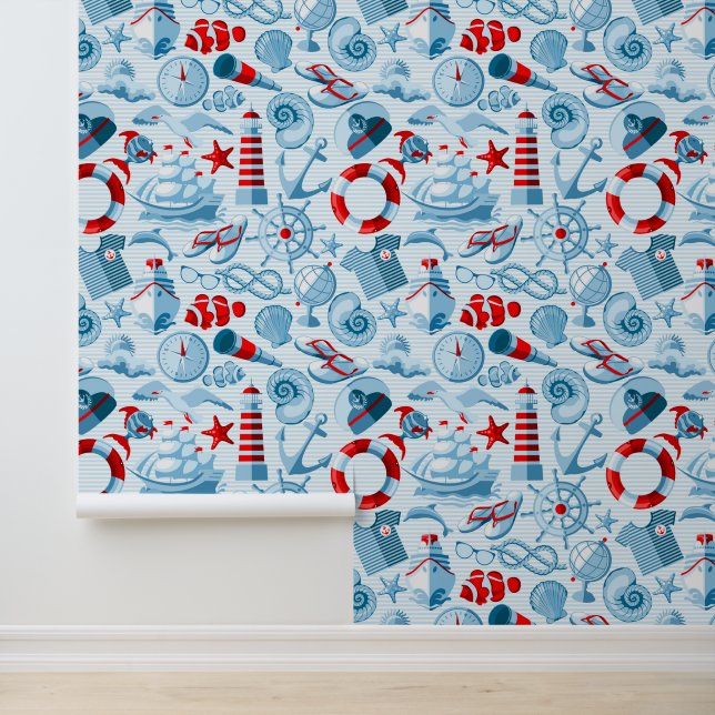 Nautical Red White And Blue Pattern Wallpaper (Application)