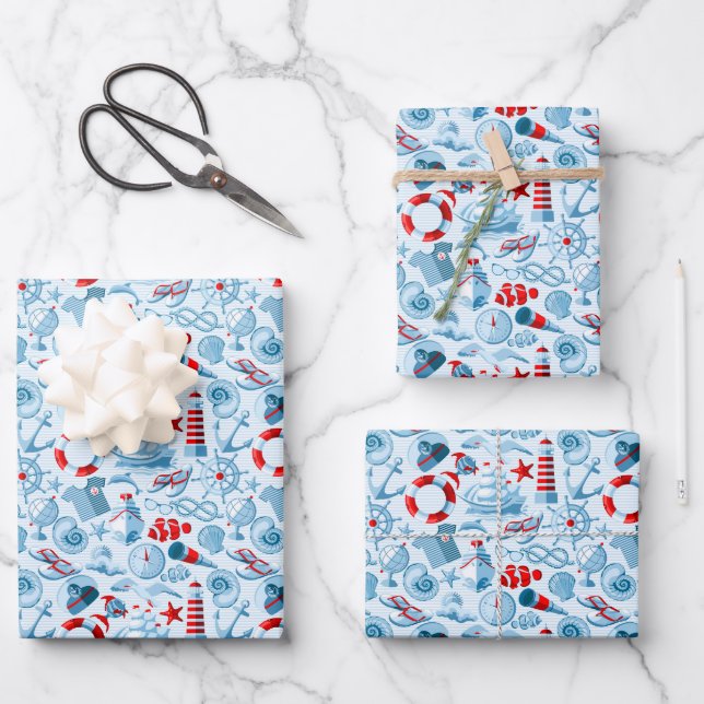 Nautical Red White And Blue Pattern Wrapping Paper Sheet (Front)