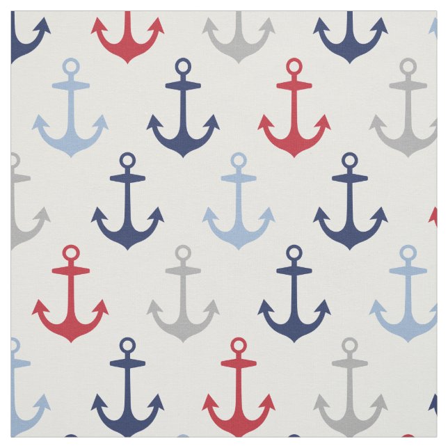 Nautical Red White and Navy Blue Anchors Pattern Fabric (Swatch)