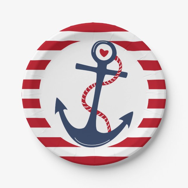 Nautical Red White Blue Anchor Ocean Event Paper Plate (Front)