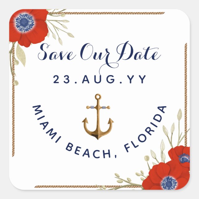Nautical ⚓ Red White & Blue Anemone Anchor Wedding Square Sticker (Front)