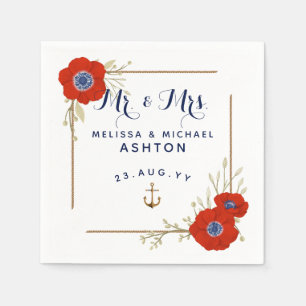 Nautical ⚓Red White & Blue Anemone Dated Wedding Napkin
