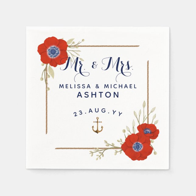 Nautical ⚓Red White & Blue Anemone Dated Wedding Napkin (Front)