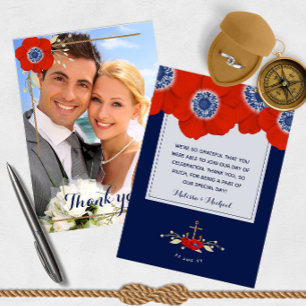 Nautical Red White Blue Anemones 📸Photo Thank You Card