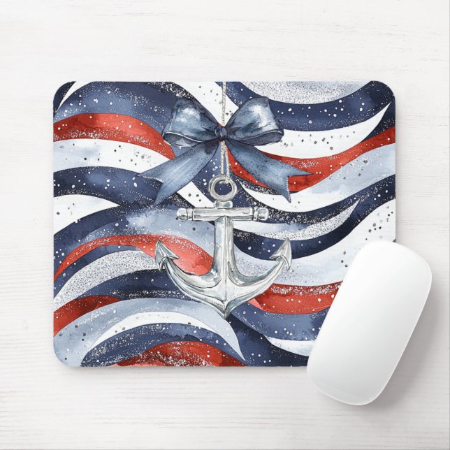 Nautical Red White Blue Bow Anchor Mouse Pad (With Mouse)