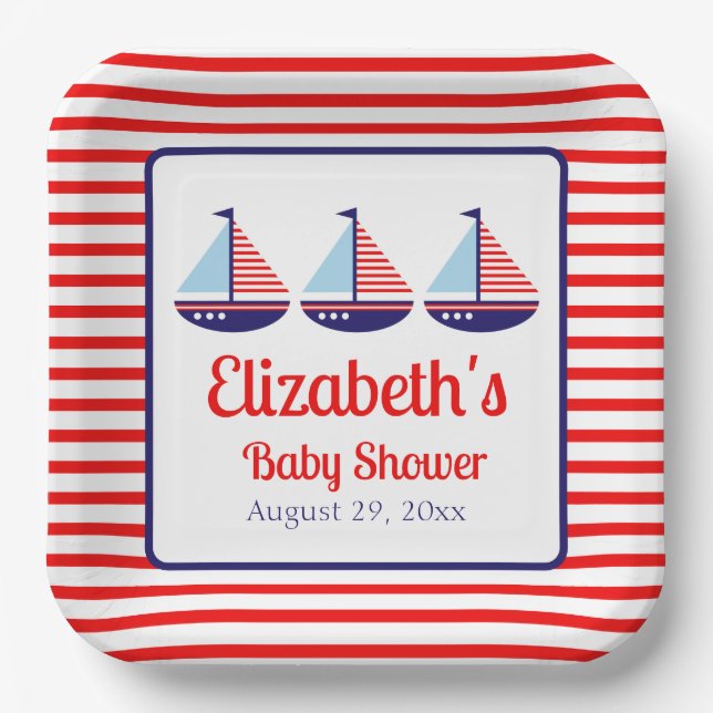 Nautical Red White Blue Sailboat Baby Shower Paper Plate (Front)