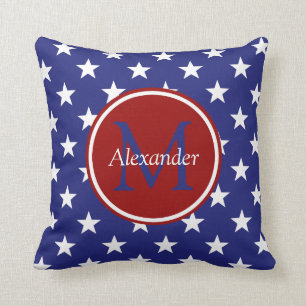 Nautical Red White Blue Stars Monogram Cushion
