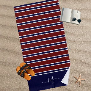 Nautical Red White Blue Striped Monogram Name Bath Beach Towel
