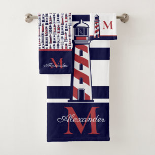 Nautical Red White Navy Blue Stripe Lighthouse  Bath Towel Set