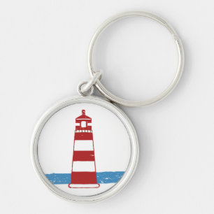 Nautical Red & White Stripe Lighthouse Blue Ocean Key Ring