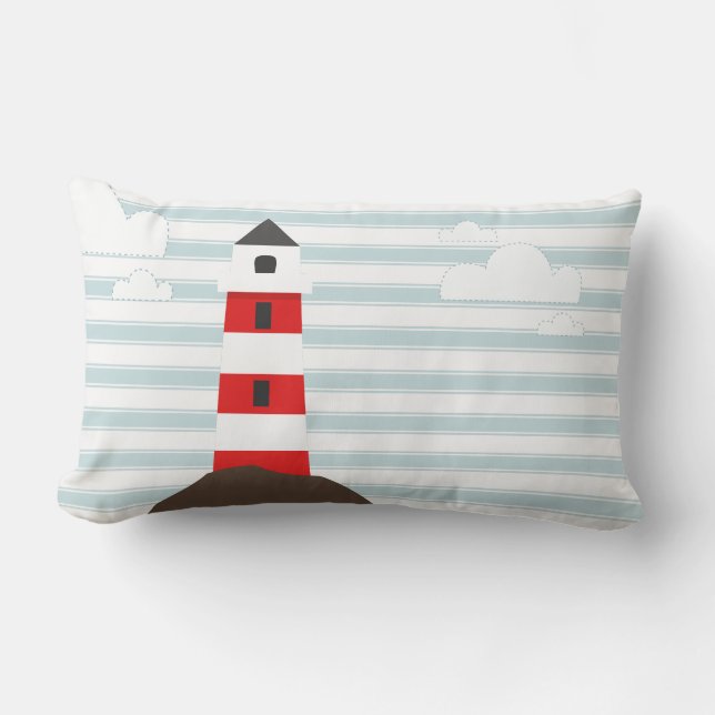 Nautical Red & White Striped Lighthouse Stripes Lumbar Cushion (Front)