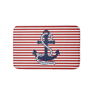 Nautical Red White Stripes and Blue Anchor Bath Mat