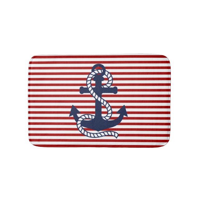 Nautical Red White Stripes and Blue Anchor Bath Mat (Front)