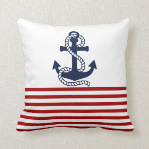 Nautical Red White Stripes and Blue Anchor Cushion