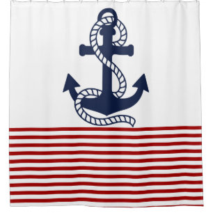 Nautical Red White Stripes and Blue Anchor Shower Curtain