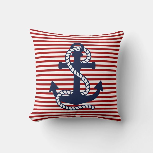 Nautical Red White Stripes and Red Anchor Cushion (Front)