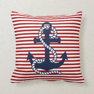 Nautical Red White Stripes and Red Anchor Cushion