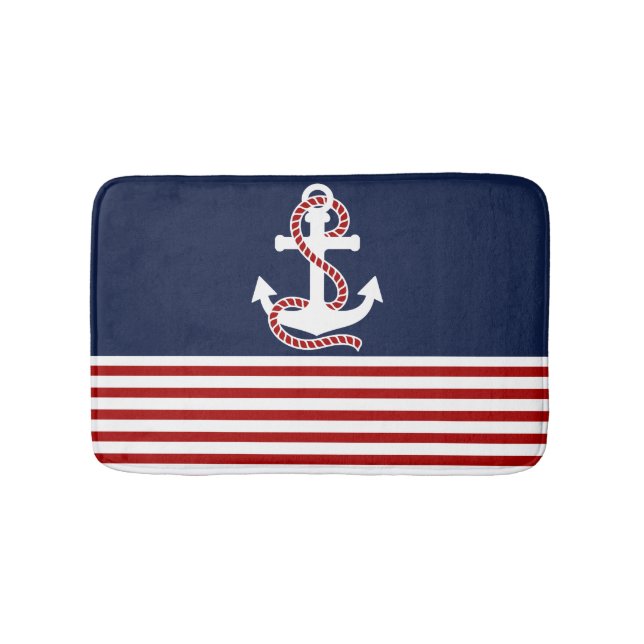 Nautical Red White Stripes and White Anchor Bath Mat (Front)