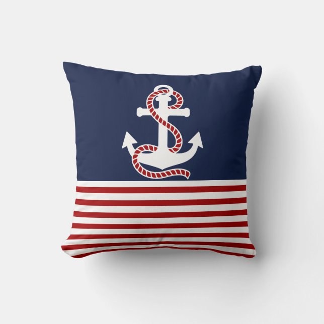 Nautical Red White Stripes and White Anchor Cushion (Front)