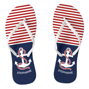 Nautical Red White Stripes and White Anchor Thongs