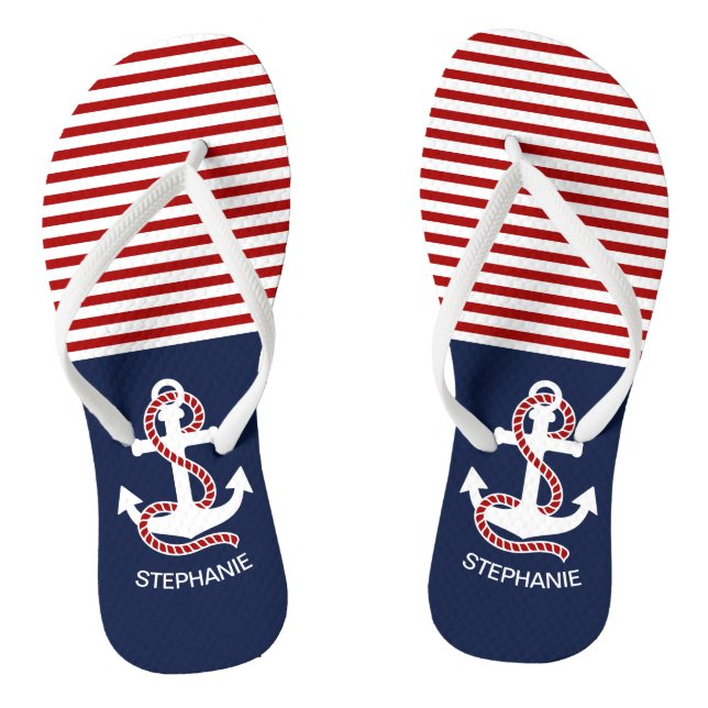 Nautical Red White Stripes and White Anchor Thongs (Footbed)