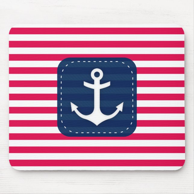 Nautical Red White Stripes Navy Blue Banner Anchor Mouse Pad (Front)