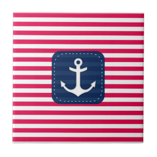 Nautical Red White Stripes Navy Blue Banner Anchor Tile