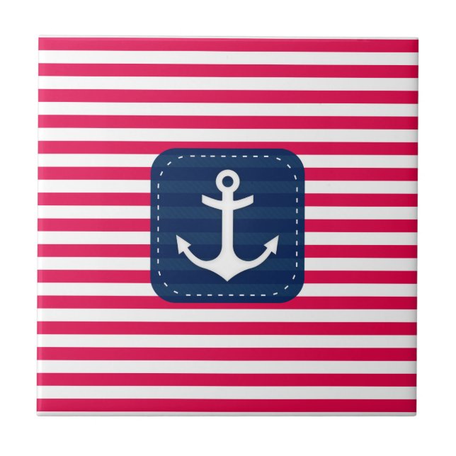 Nautical Red White Stripes Navy Blue Banner Anchor Tile (Front)
