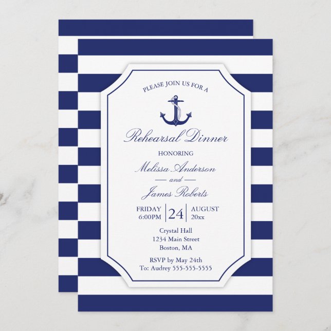 Nautical Rehearsal Dinner Anchor Navy Wedding Invitation (Front/Back)