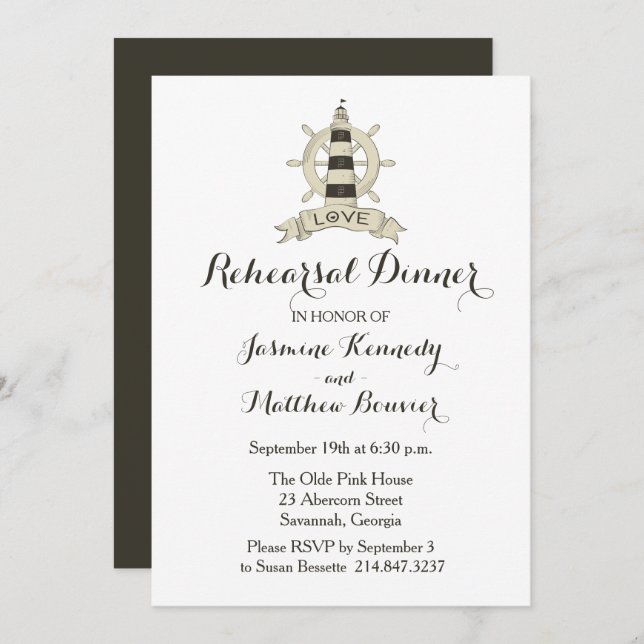 Nautical Rehearsal Dinner Brown Lighthouse Ship Invitation (Front/Back)