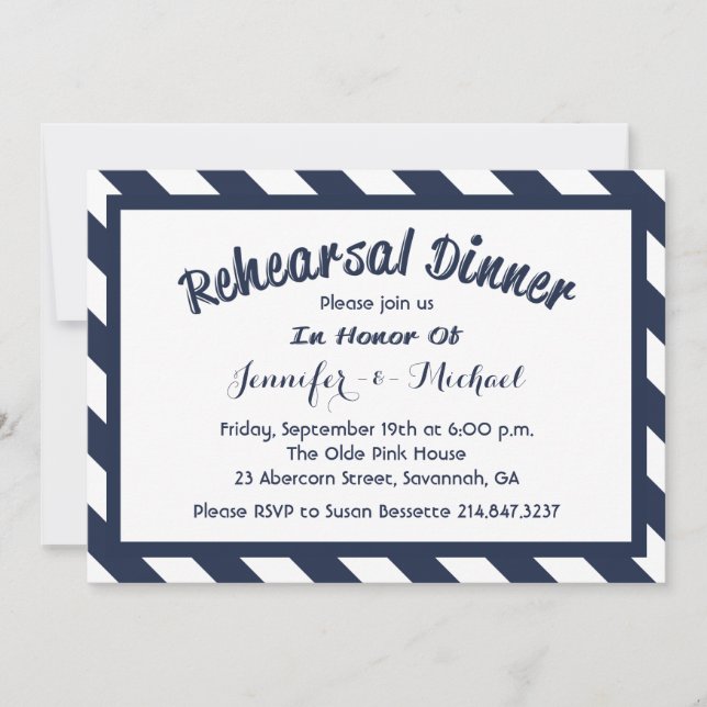 Nautical Rehearsal Dinner Navy Blue & White Stripe Invitation (Front)