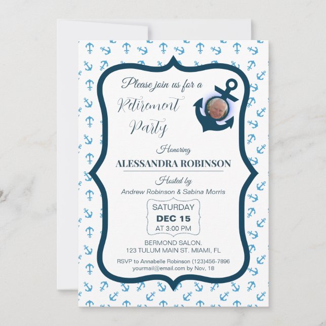 Nautical Retirement Photo & Anchor Navy Blue tones Invitation (Front)