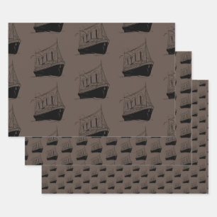 Nautical Retro Brown and black Ship Sailing Boat  Wrapping Paper Sheet