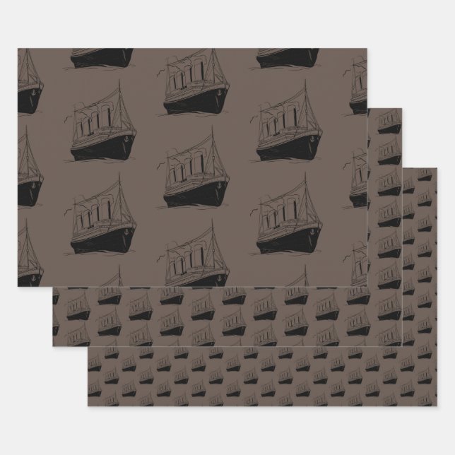 Nautical Retro Brown and black Ship Sailing Boat  Wrapping Paper Sheet (Set)