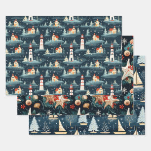 Nautical Retro Christmas Pattern Wrapping Paper Sheet