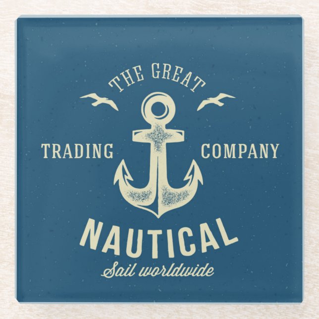 Nautical Retro Logo Glass Coaster (Front)