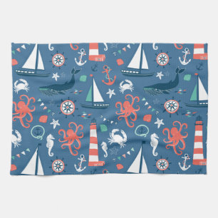 Nautical retro sailor girly pattern with anchors tea towel