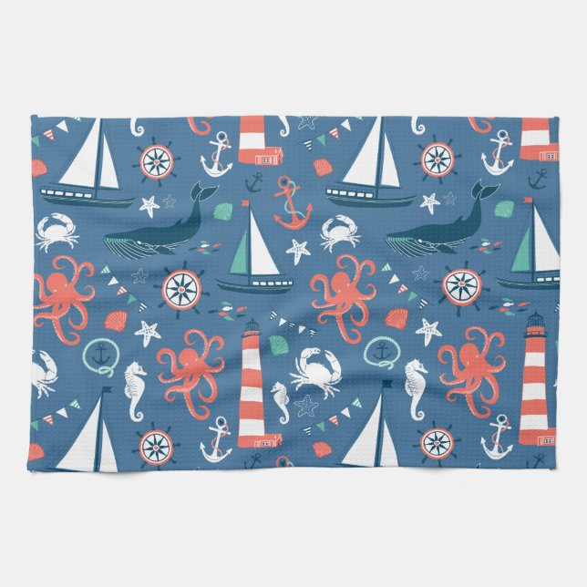 Nautical retro sailor girly pattern with anchors tea towel (Horizontal)