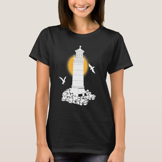 Nautical Rocks Seagulls Sea Ocean Lighthouse T-Shirt (Front)