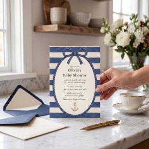 Nautical Rope Anchor Navy Stripe Baby Shower  Invitation