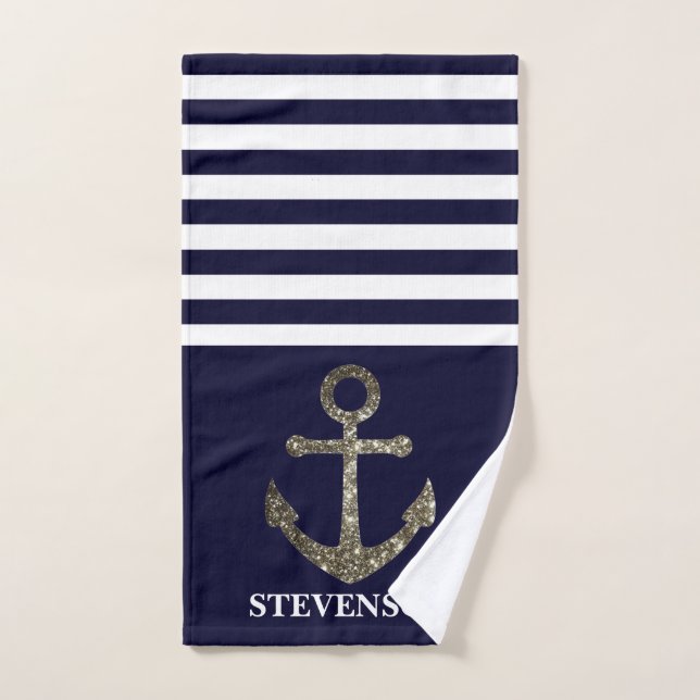 Nautical Rope and Anchor Family Name Sailing Blue Hand Towel (Hand Towel)