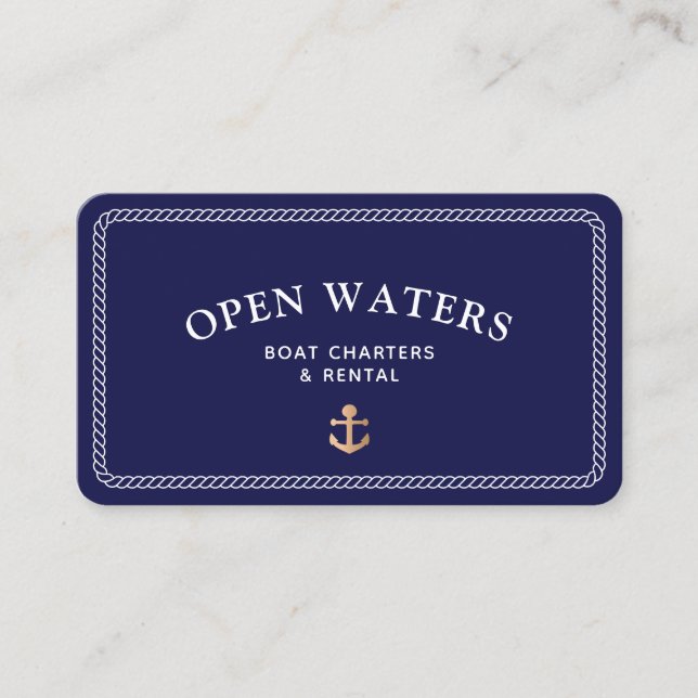 Nautical Rope Gold Boat Anchor Navy Business Card (Front)