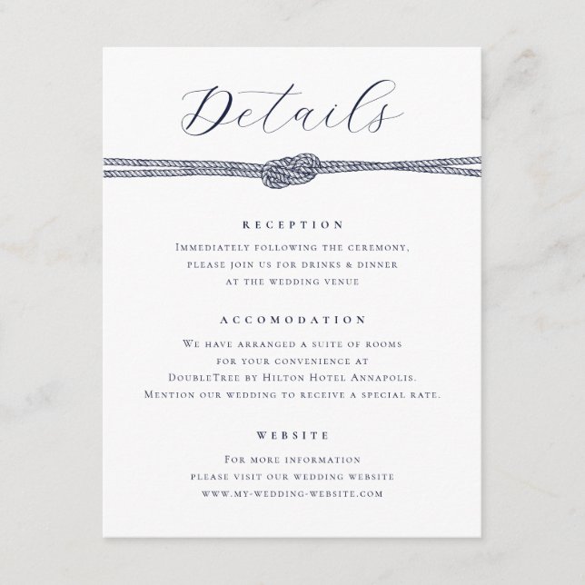 Nautical Rope Knot Elegant Details Wedding Enclosure Card (Front)