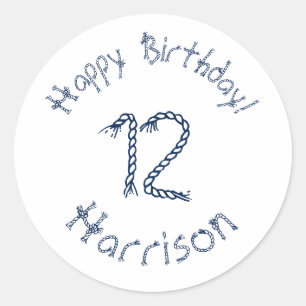 Nautical rope knots blue white birthday custom classic round sticker